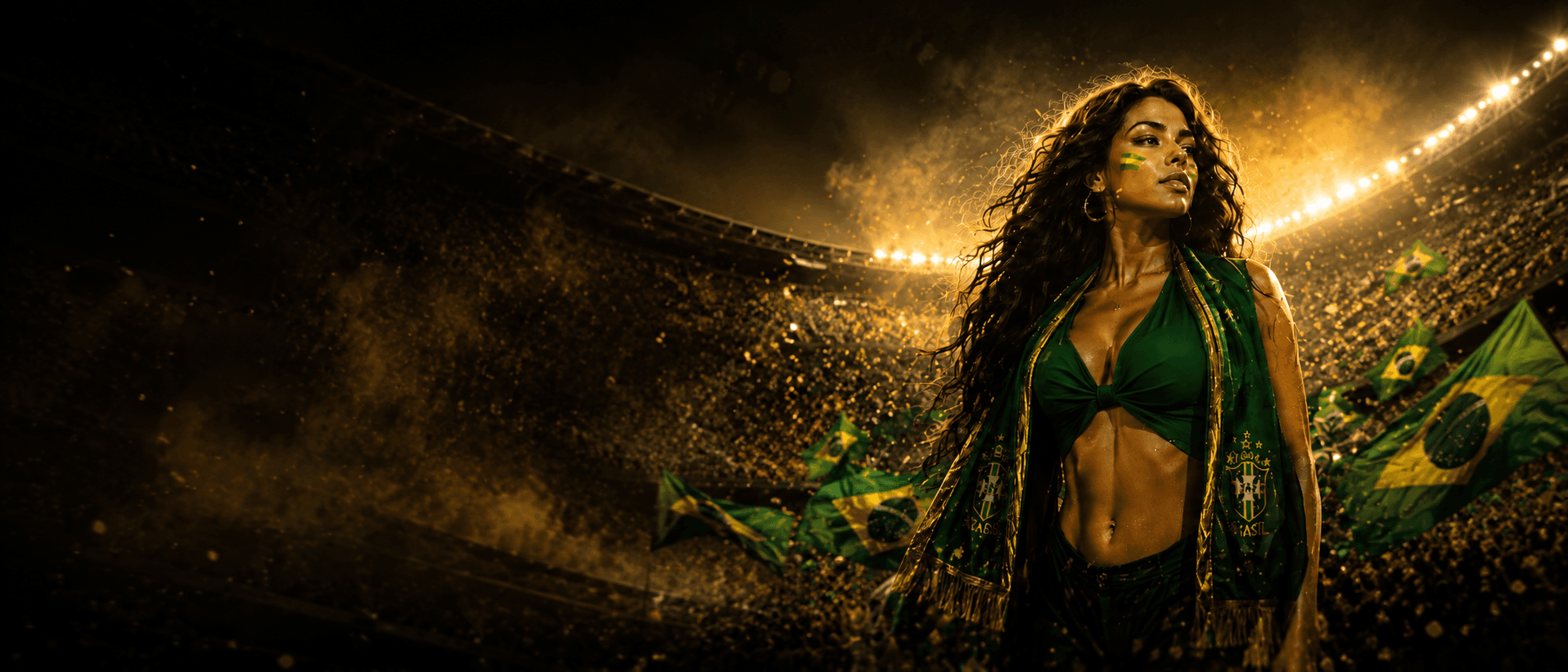 Beautiful Brazil fan in a golden stadium for the CHARMING hero slideshow