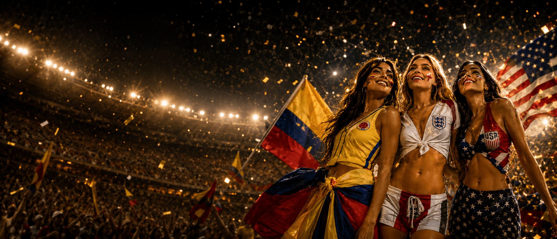 International football fans celebrating together in the stands
