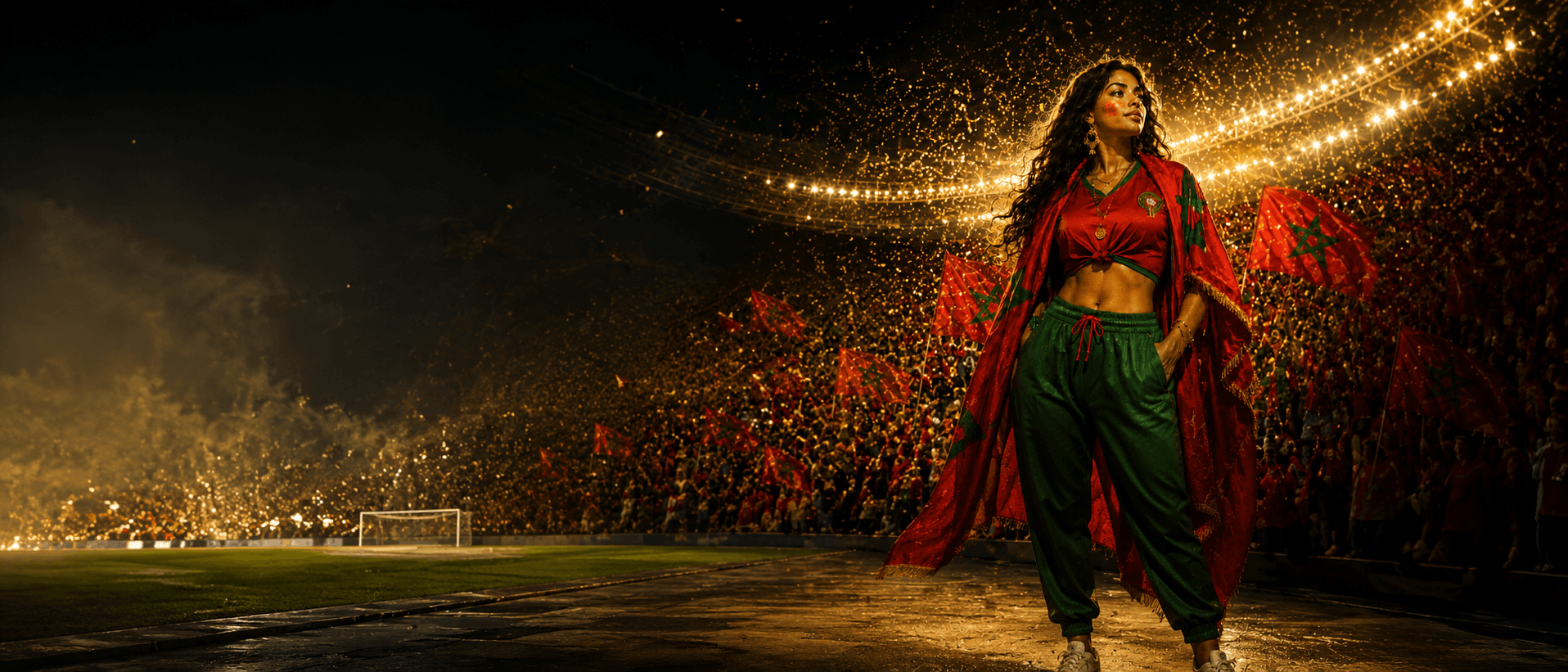 Morocco fan leading her side in a dramatic golden stadium